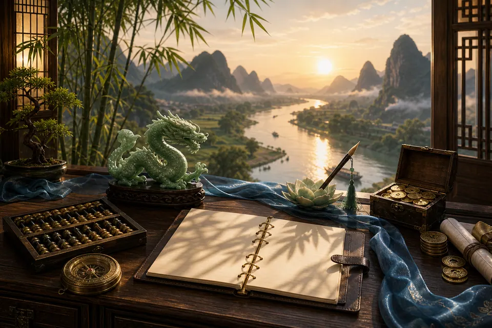 Bàn sự nghiệp Nhâm Thìn nữ mạng với sổ kế hoạch, bàn tính, la bàn, lụa xanh, tiền cổ và tượng rồng ngọc