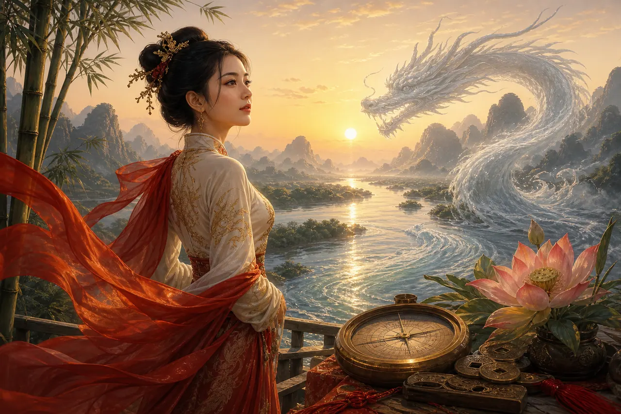 Nữ Nhâm Thìn đứng bên dòng sông dài với rồng nước, hoa sen, la bàn đồng và tiền cổ