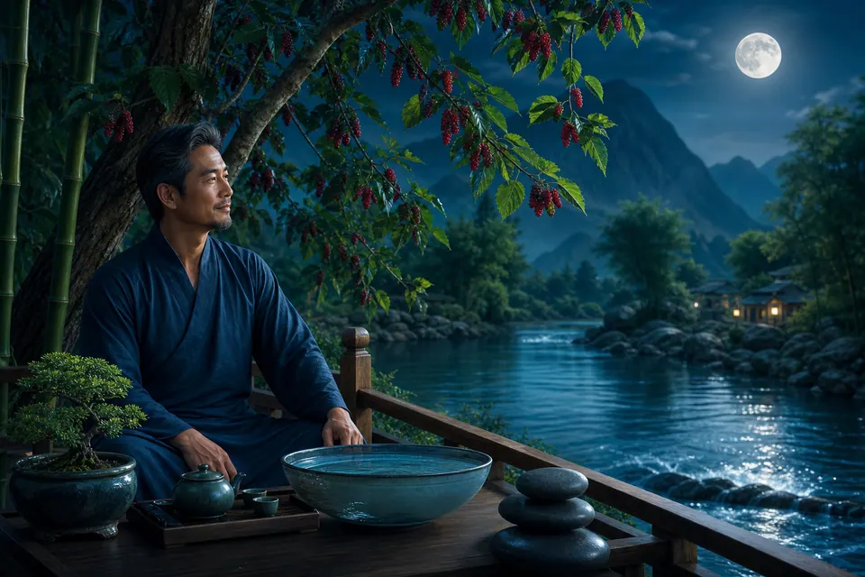 Nam Nhâm Tý tĩnh tâm bên hiên gỗ cạnh sông đêm với cây dâu, tre, bát nước, đá tròn và núi xa