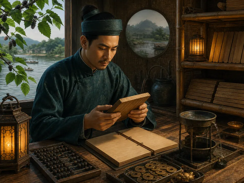Nam Nhâm Tý xem thẻ gỗ và sổ trắng trong thư phòng ven sông với bàn tính, tiền xu và đồng hồ nước
