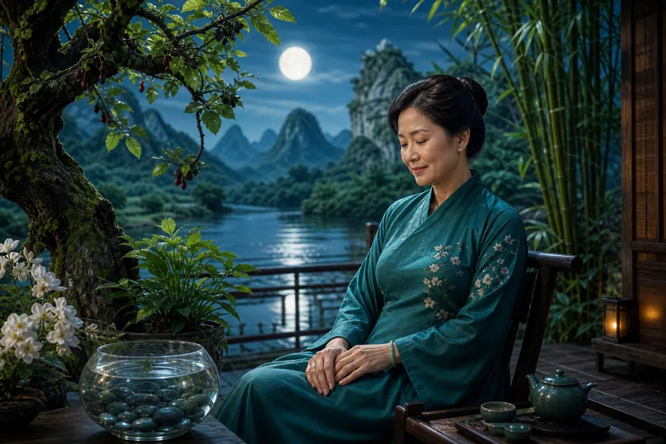 Nữ Nhâm Tý tĩnh tâm bên hiên gỗ cạnh sông đêm với cây dâu, tre, bát nước, đá tròn và hoa trắng