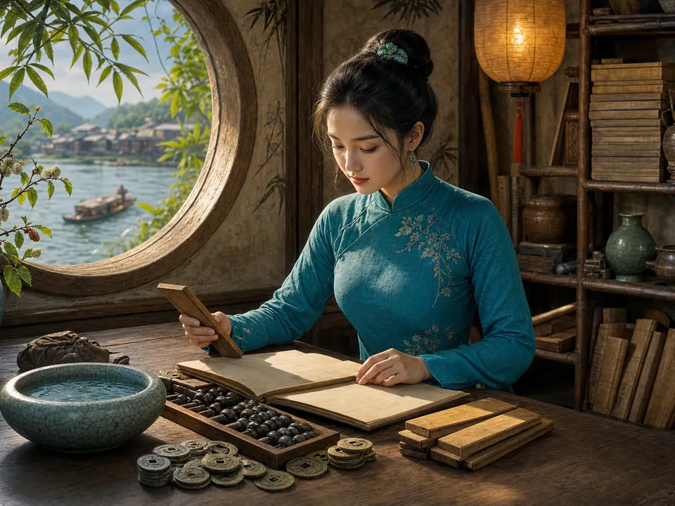 Nữ Nhâm Tý ghi chép sổ trắng trong thư phòng ven sông với bàn tính, tiền xu, thẻ gỗ và bát nước gốm