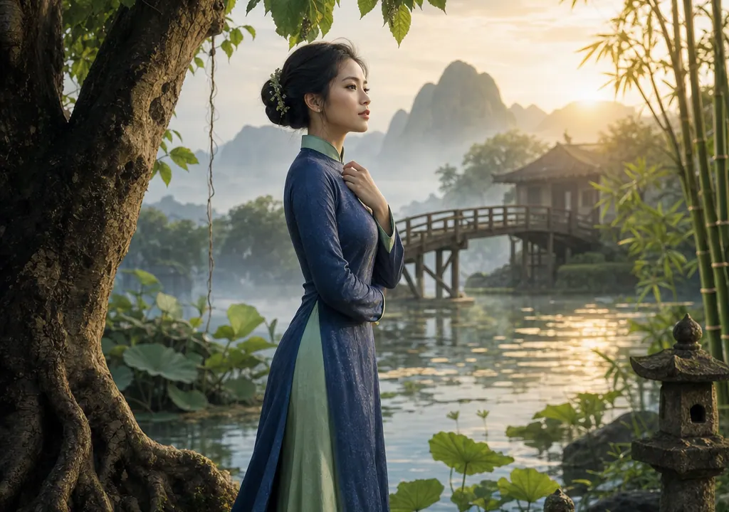 Nữ Nhâm Tý mặc áo dài xanh đứng dưới cây dâu ven sông với cầu gỗ, hoa sen, cuộn thư và la bàn