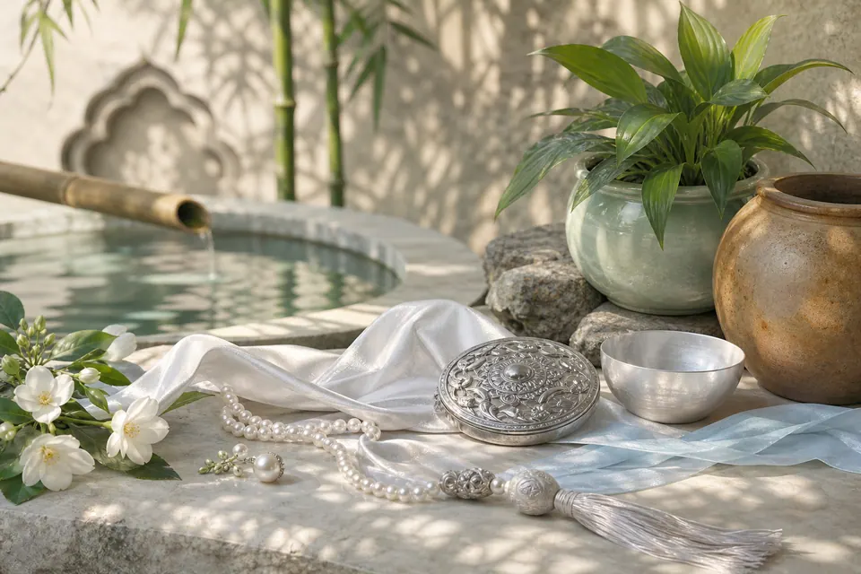 Khuôn viên tĩnh dưỡng phong thủy với dòng nước trong, đá cẩm thạch sáng màu, lụa trắng và vật phẩm bạc thanh khiết