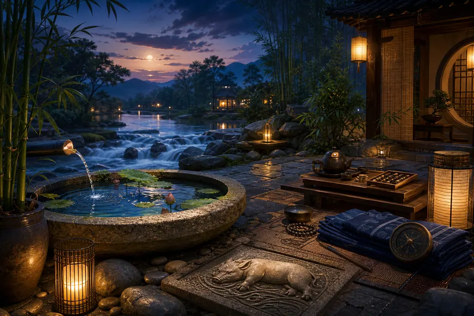 Sân phong thủy ven sông lúc hoàng hôn có bồn nước đá, tre, trà, la bàn và phù điêu lợn rừng