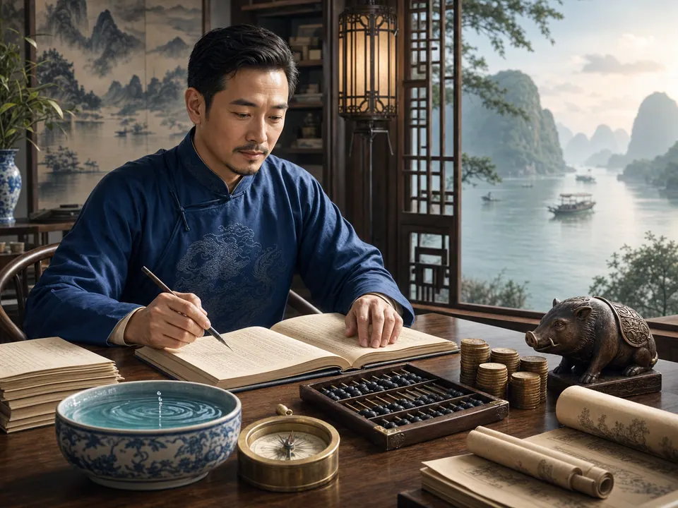 Nam Quý Hợi ghi sổ tài chính bên bàn gỗ có bàn tính, đồng xu, bát nước xanh, la bàn và tượng lợn rừng