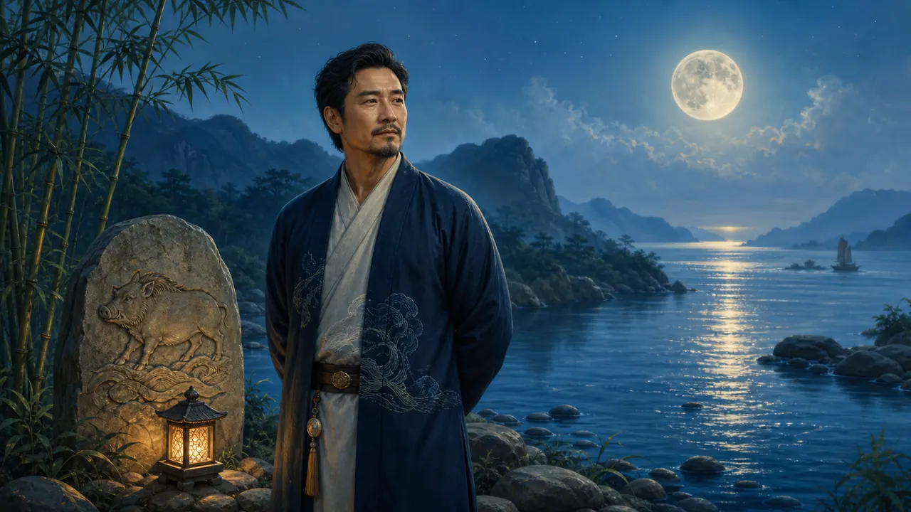 Nam Quý Hợi đứng bên bờ sông trăng sáng với nước xanh, tre, đèn lồng và phù điêu lợn rừng