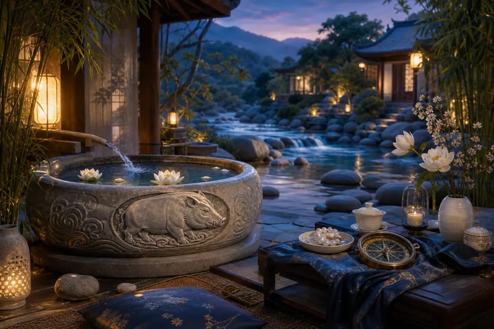 Sân phong thủy ven sông lúc hoàng hôn có bồn nước đá, hoa sen trắng, tre, trà, la bàn và phù điêu lợn rừng