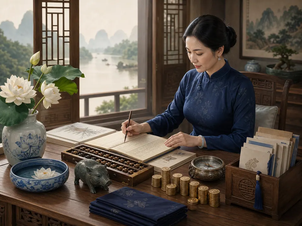 Nữ Quý Hợi ghi sổ tài chính bên bàn gỗ có hoa sen, đồng xu, bàn tính, la bàn, bát nước và tượng lợn rừng