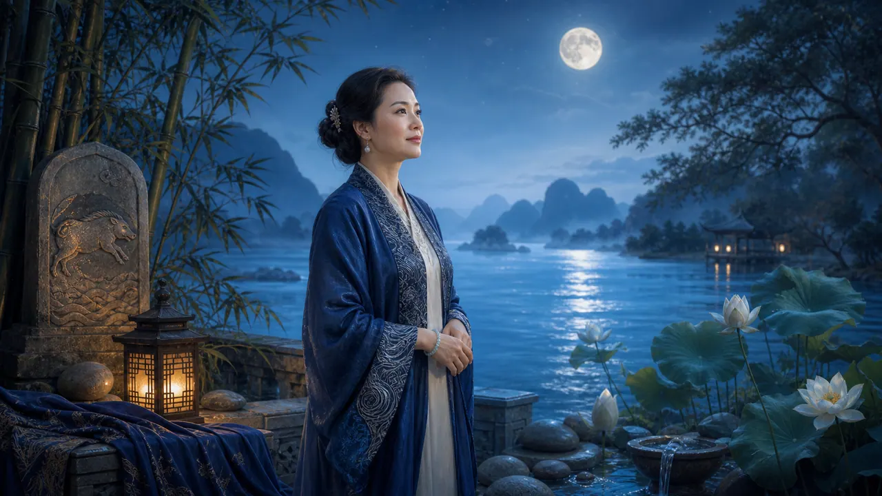 Nữ Quý Hợi đứng bên vườn sông dưới trăng với hoa sen, tre, đèn lồng và phù điêu lợn rừng