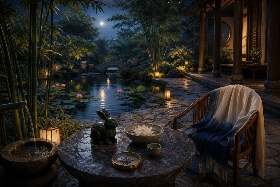 Khu vườn thiền phong thủy dưới ánh trăng với hồ nước trong lành, ghế phủ khăn lam ngà, chén trà thơm và rặng tre rì rào