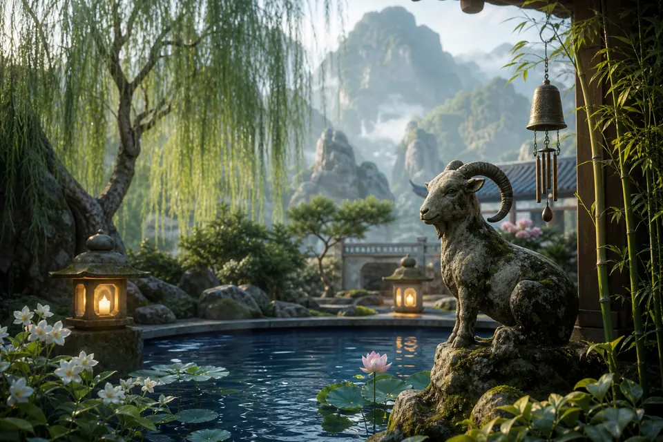Sân phong thủy Quý Mùi nữ mạng có hồ nước tròn, liễu xanh, tượng dê đá, tre, hoa trắng và chuông đồng