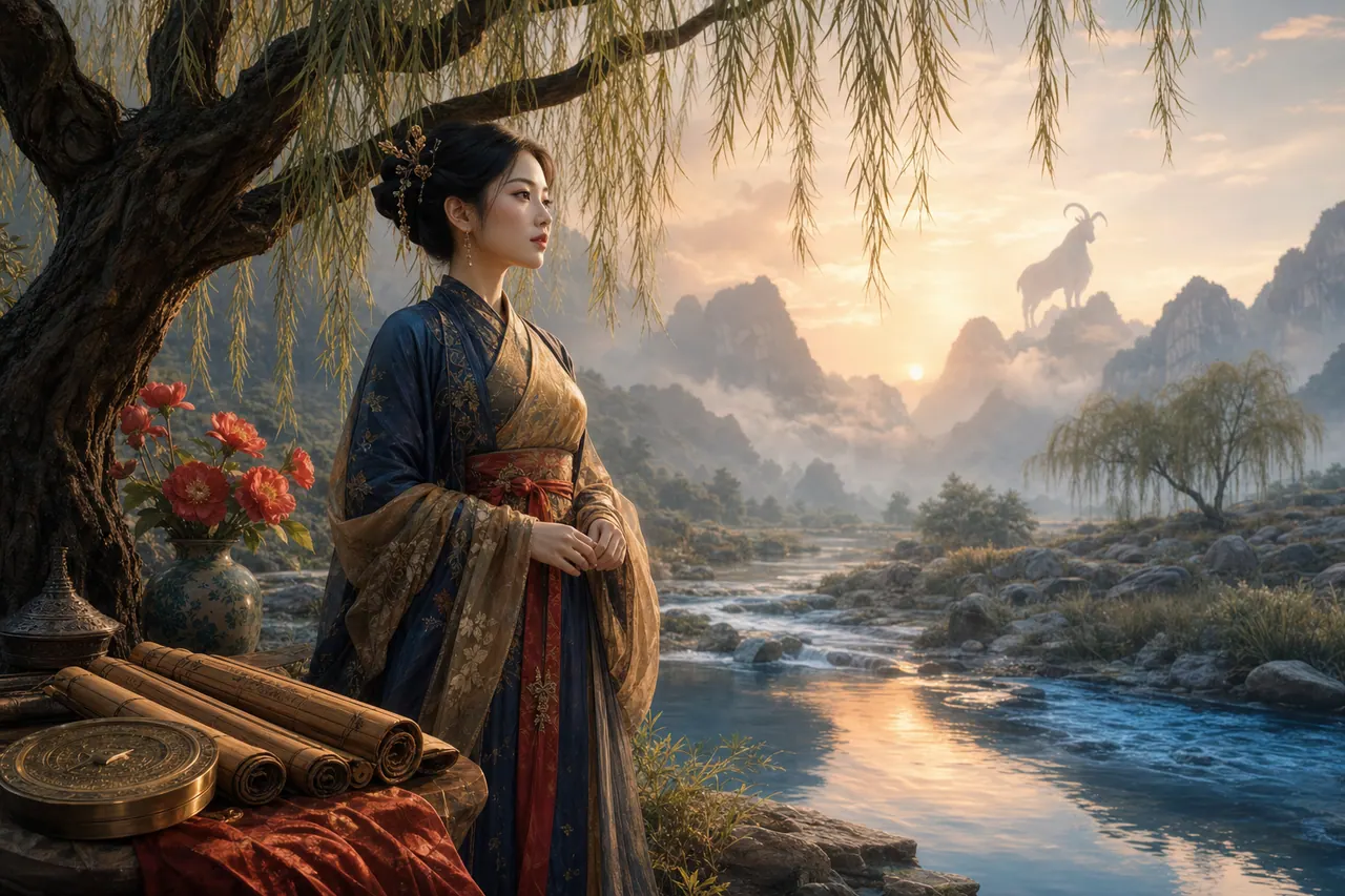 Nữ Quý Mùi đứng bên cây liễu và dòng suối lúc bình minh, bóng dê trong sương núi, la bàn đồng và thẻ tre
