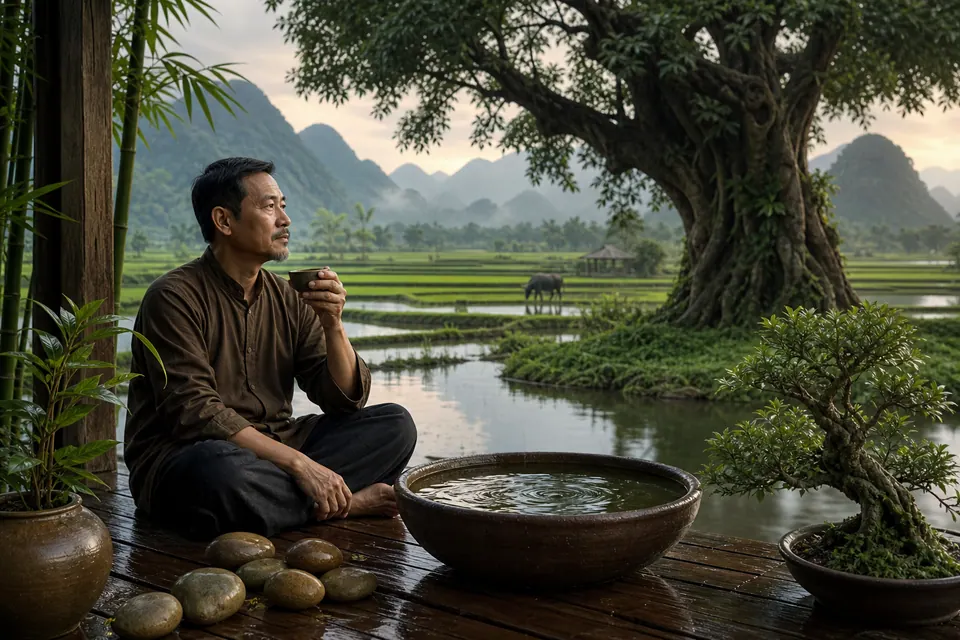 Nam Quý Sửu tĩnh tâm bên hiên gỗ sau mưa cạnh ruộng nước, cây dâu, bát nước, đá tròn và bonsai