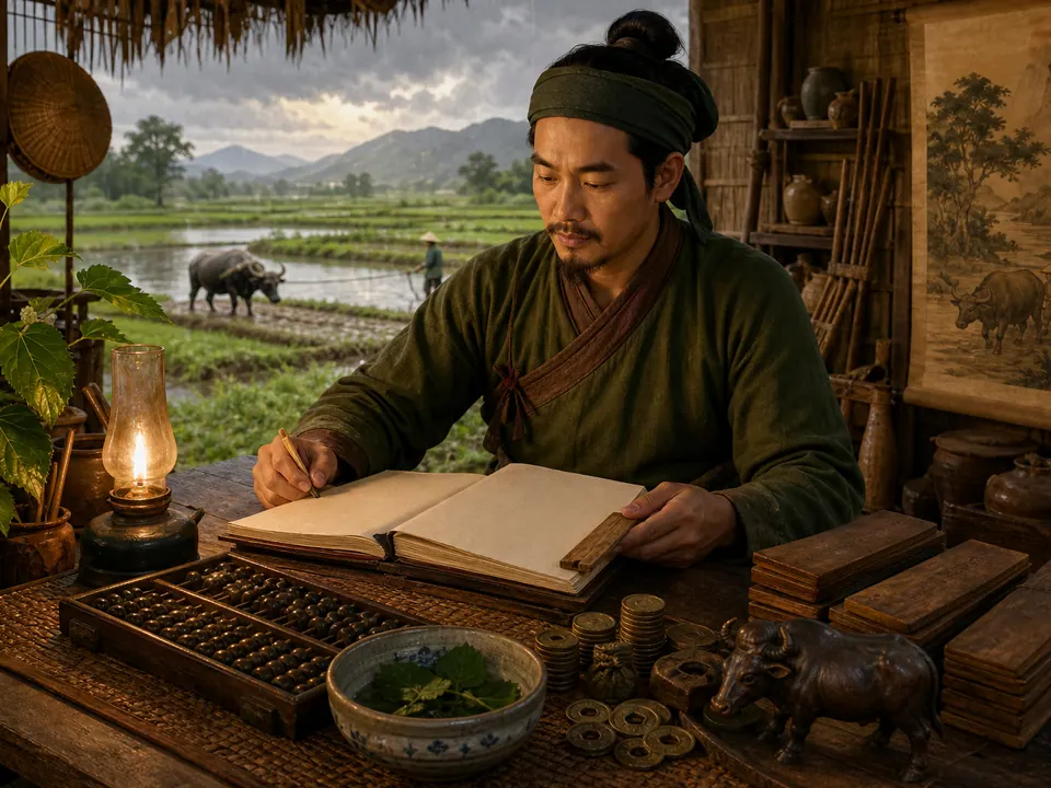 Nam Quý Sửu ghi sổ trong gian nhà nhìn ra ruộng nước với bàn tính, tiền xu, tượng trâu và cành dâu