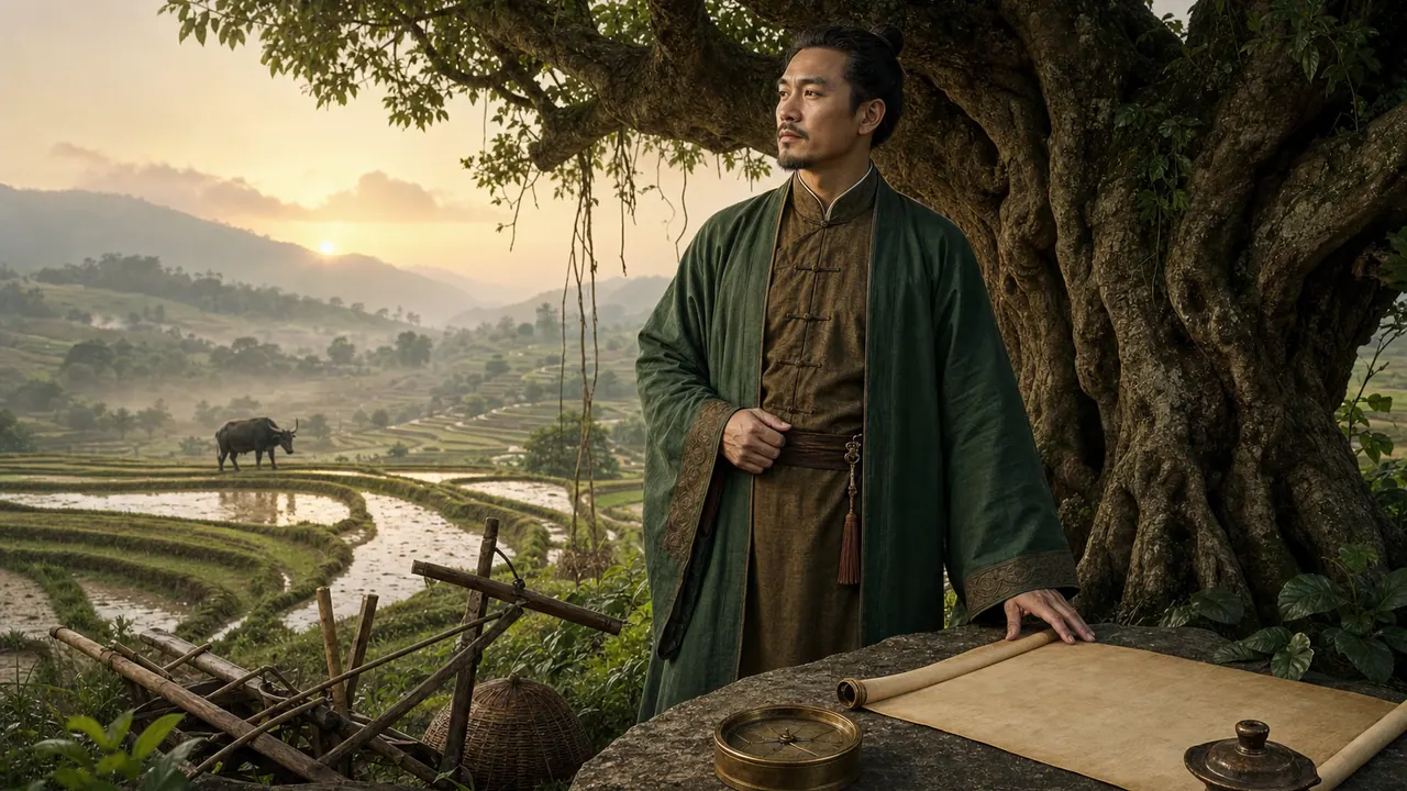 Nam Quý Sửu đứng dưới cây dâu cổ bên ruộng bậc thang sau mưa với trâu xa, la bàn và cuộn thư