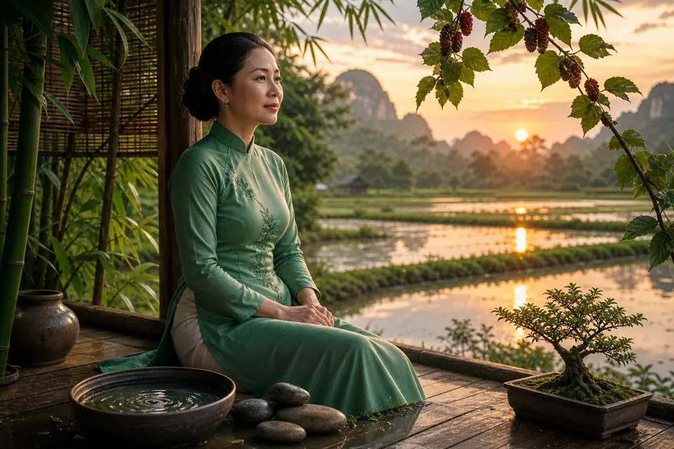 Người phụ nữ áo xanh ngồi bên hiên cạnh bát nước, đá và bonsai, phía trên có cành quả, xa là ruộng và núi dưới nắng chiều