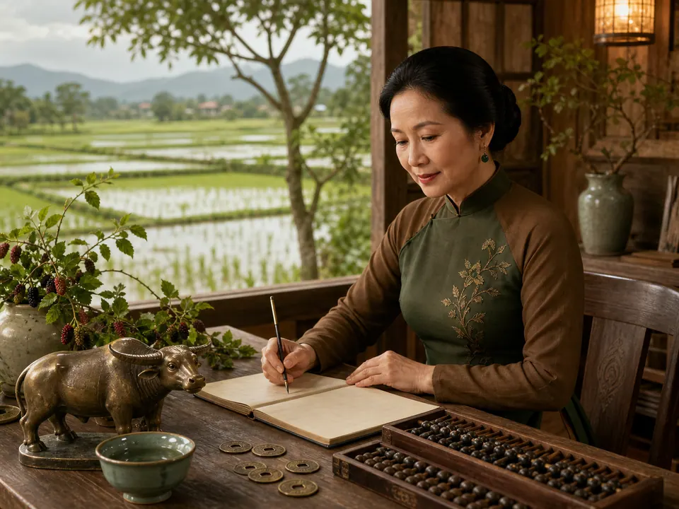 Người phụ nữ cầm bút bên sổ mở cạnh bàn tính, tiền đồng, bát nước và tượng trâu bằng kim loại, bên cửa sổ có cành quả