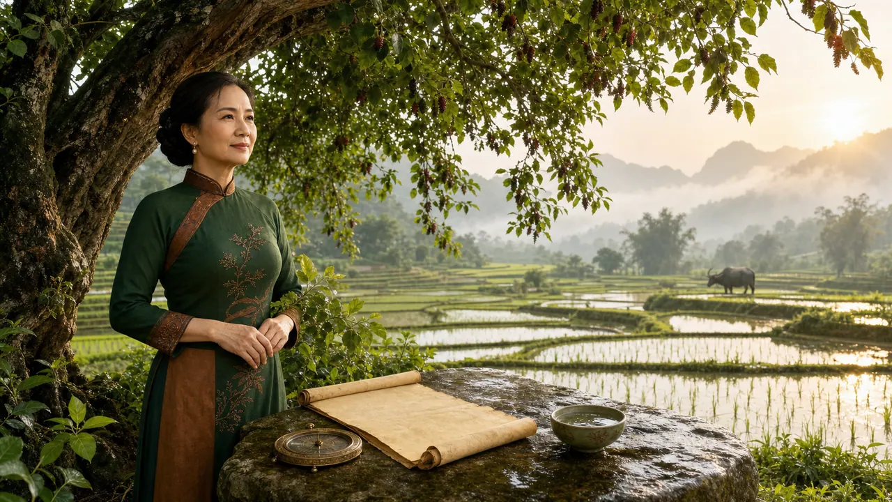 Người phụ nữ áo xanh đứng dưới cây có chùm quả đỏ tím, cạnh bàn đá đặt cuộn giấy, la bàn và bát nước, phía sau là ruộng và trâu