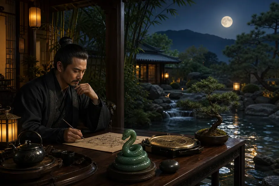 Không gian phong thủy Quý Tỵ nam mạng bên nước, trăng, tre, bonsai tùng, trà, la bàn và rắn ngọc