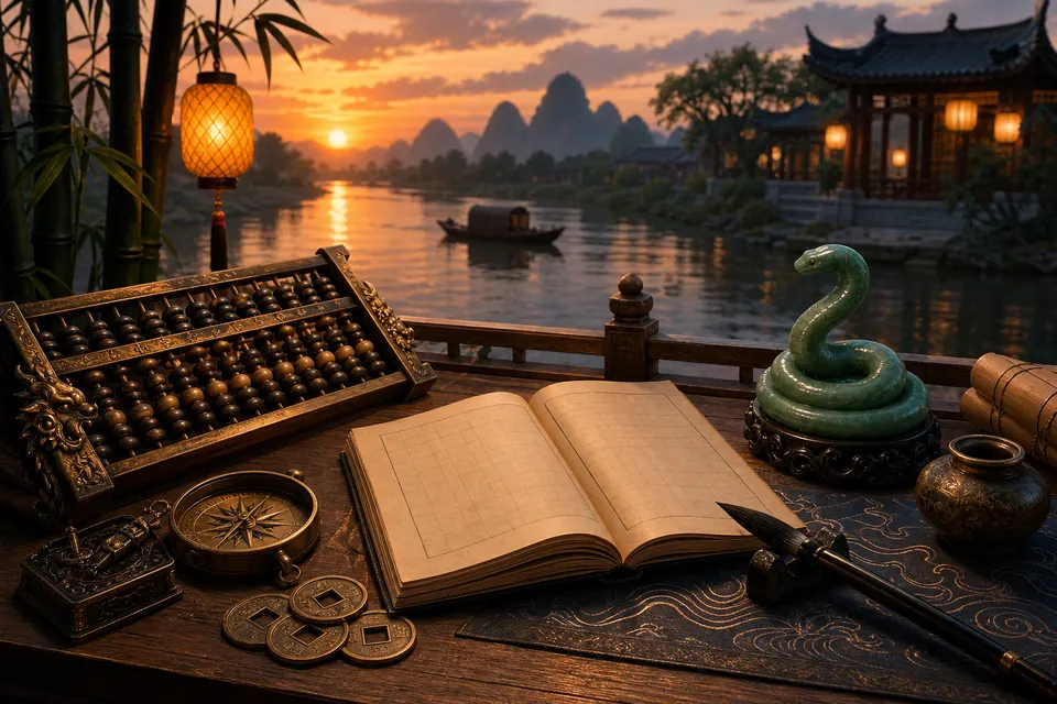 Bàn sự nghiệp Quý Tỵ nam mạng với bàn tính, sổ kế hoạch, la bàn, tiền cổ và tượng rắn ngọc