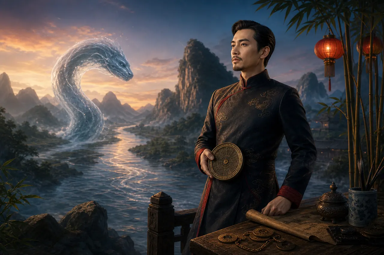 Nam Quý Tỵ đứng bên dòng sông dài với rắn nước, la bàn đồng, tiền cổ và núi xa