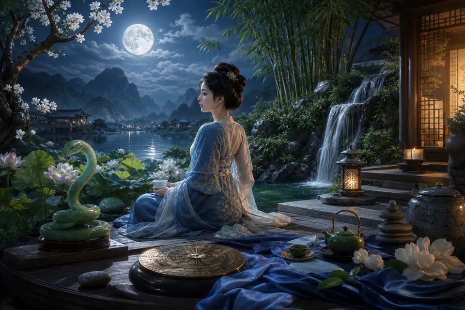 Không gian phong thủy Quý Tỵ nữ mạng với nước, trăng, sen trắng, trà, la bàn và rắn ngọc