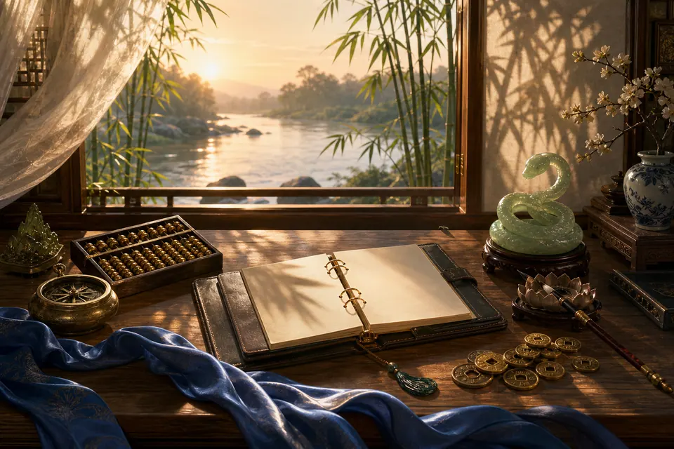 Bàn sự nghiệp Quý Tỵ nữ mạng với sổ kế hoạch, bàn tính, la bàn, lụa xanh, tiền cổ và tượng rắn ngọc