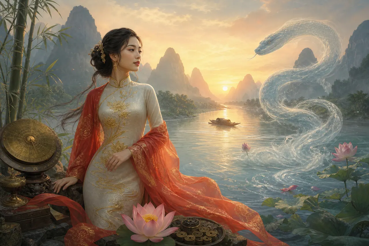 Nữ Quý Tỵ đứng bên dòng sông dài với rắn nước, hoa sen, la bàn đồng và tiền cổ