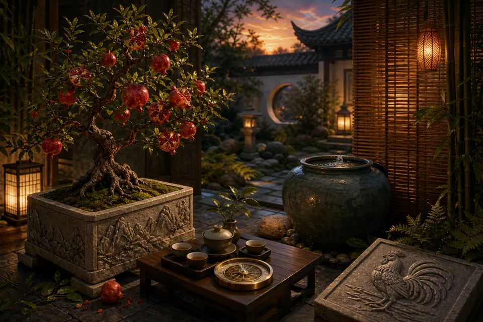 Cây lựu trong chậu đá bên chum nước, bàn trà, la bàn và phù điêu gà trống dưới ánh đèn