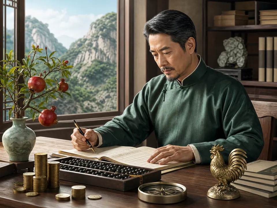 Người đàn ông áo xanh ghi chép bên bàn tính, đồng xu, cành lựu và tượng gà trống