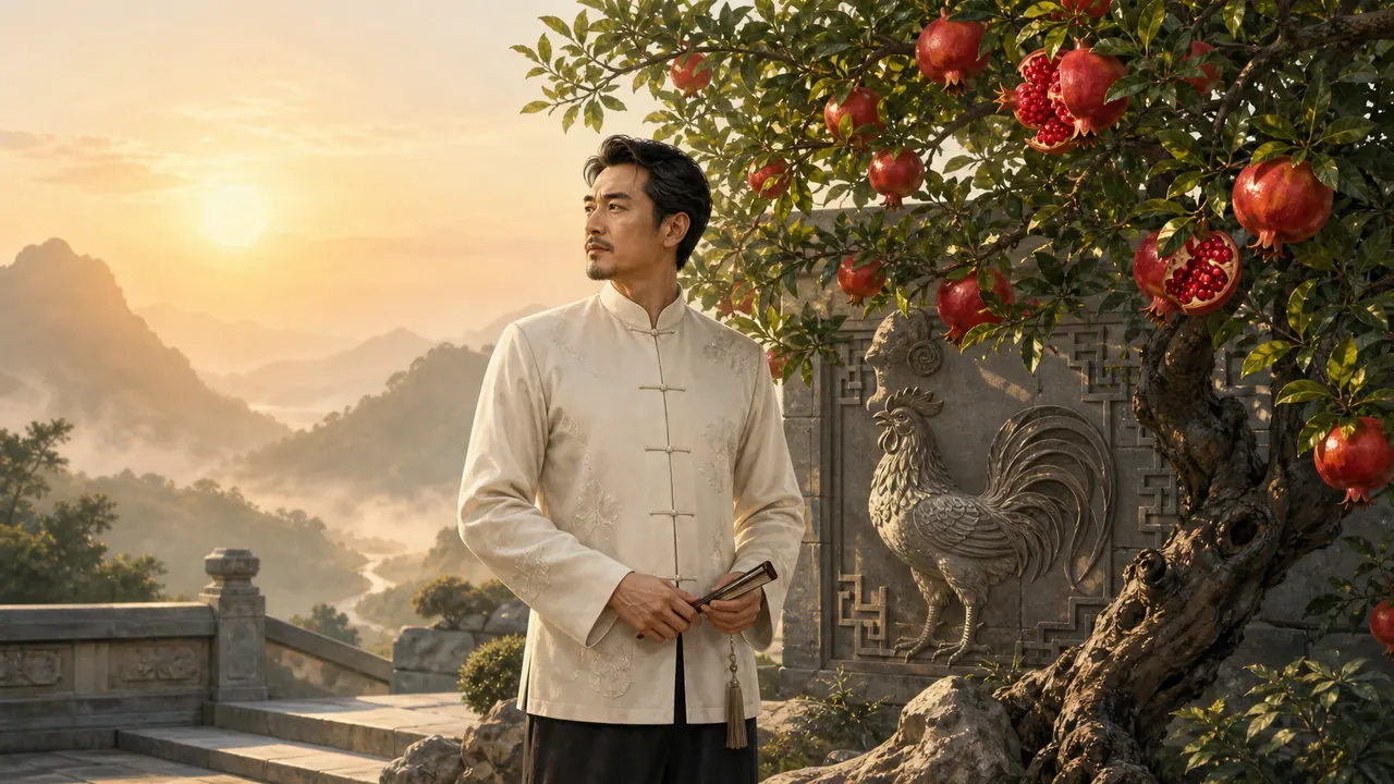 Người đàn ông áo trắng đứng bên cây lựu trên sân đá, phía sau có phù điêu gà trống