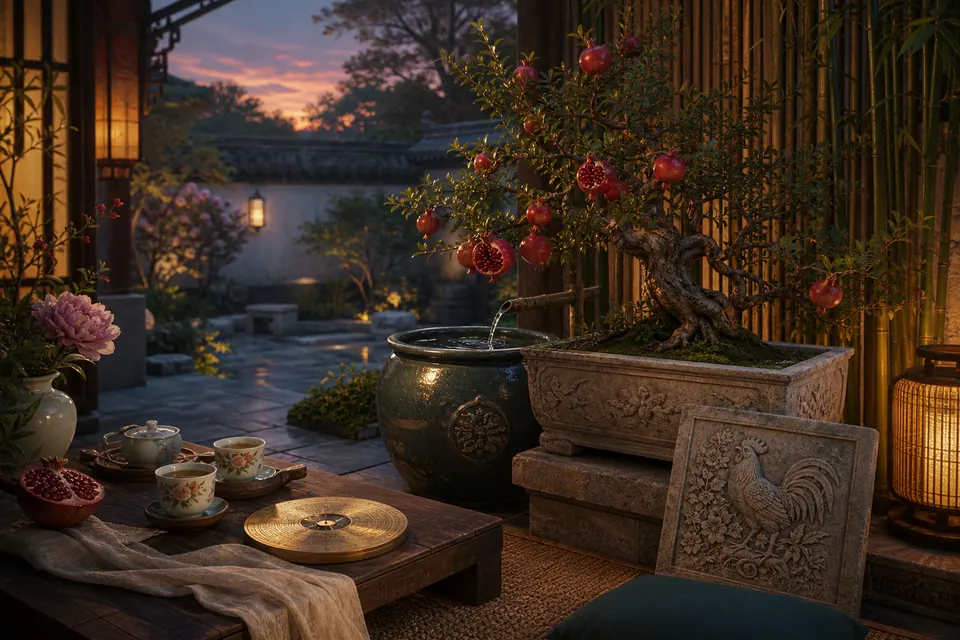 Sân phong thủy lúc hoàng hôn có bonsai lựu, chum nước, la bàn kim loại, trà và phù điêu gà trống