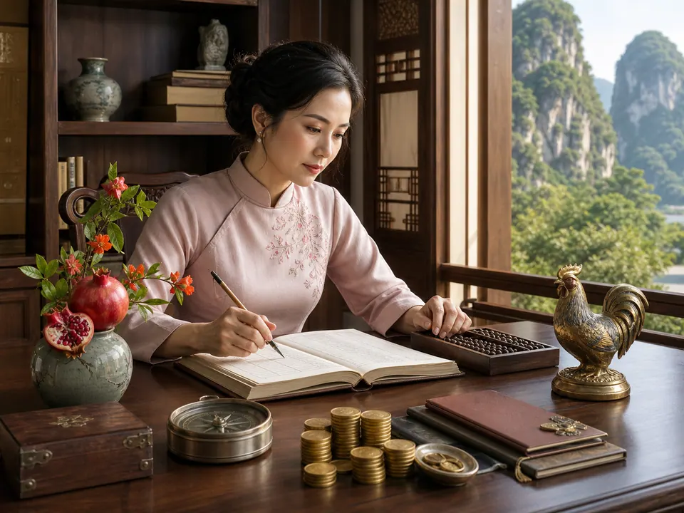 Nữ Tân Dậu ghi sổ tài chính trong thư phòng với bàn tính, đồng xu, la bàn, cành lựu và tượng gà trống
