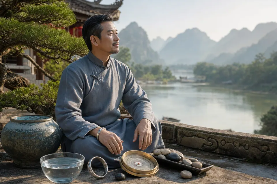 Nam Tân Hợi tĩnh tâm bên sông với bát nước, vòng bạc, la bàn, đá tròn, cây tùng và núi xa