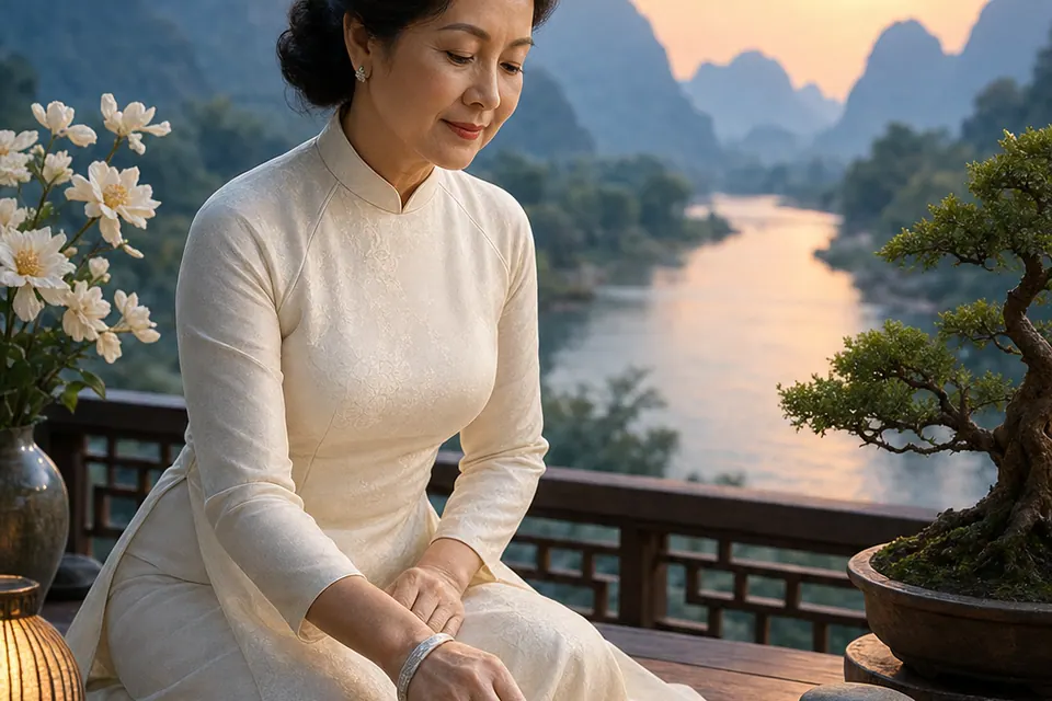 Nữ Tân Hợi tĩnh tâm bên sân thượng ven sông với bát nước, vòng bạc, đá tròn, hoa trắng và bonsai