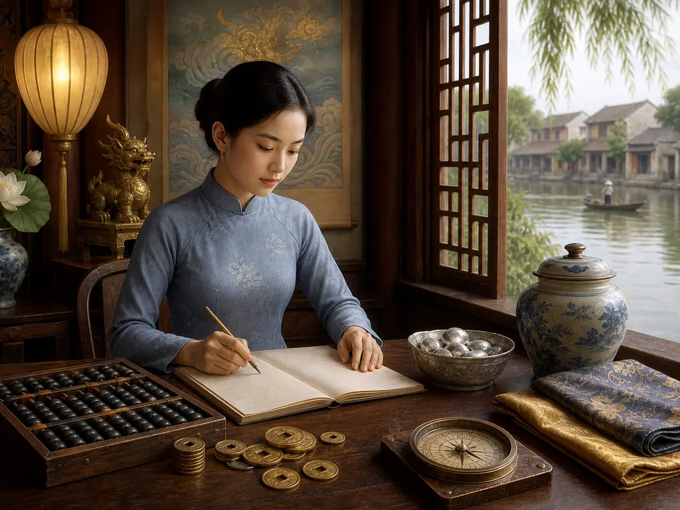 Nữ Tân Hợi ghi chép sổ trắng bên bàn gỗ ven sông với bàn tính, tiền xu, bát bạc và la bàn