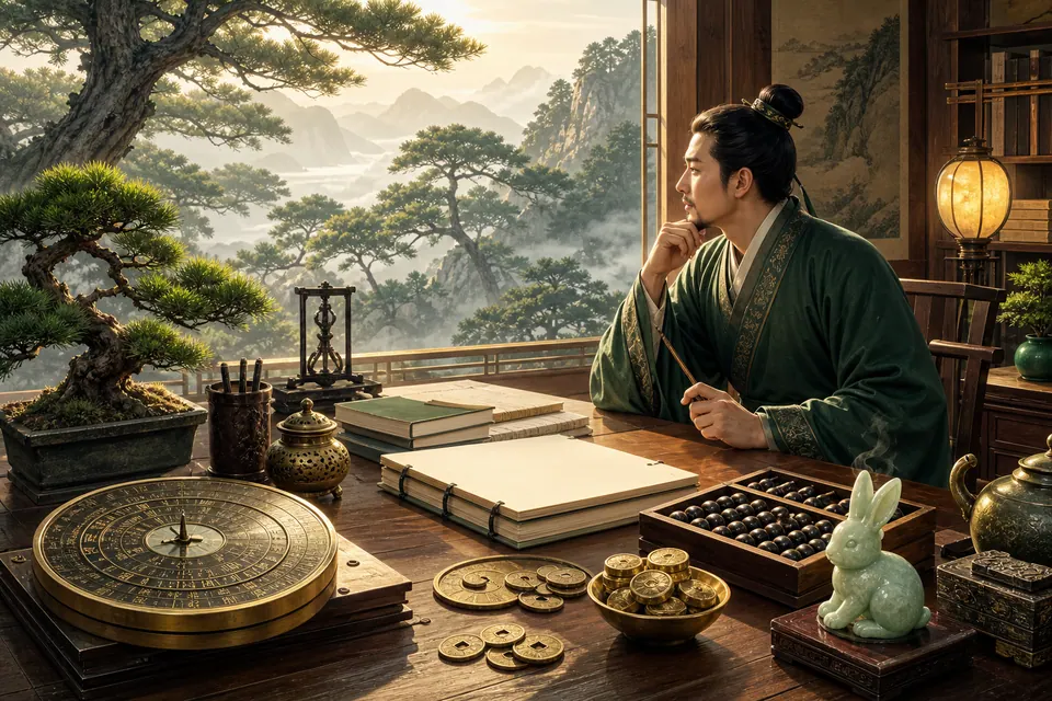 Bàn làm việc hoạch định sự nghiệp Tân Mão nam mạng với sổ tay, bàn tính, la bàn đồng, tiền cổ và cây tùng bonsai