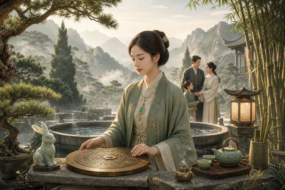 Không gian phong thủy Tân Mão nữ mạng với tùng bách, hồ nước tĩnh, trà, khăn lụa và thỏ ngọc