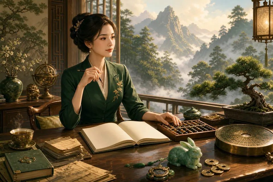 Bàn sự nghiệp Tân Mão nữ mạng với sổ kế hoạch, bàn tính, cành tùng, thỏ ngọc và la bàn