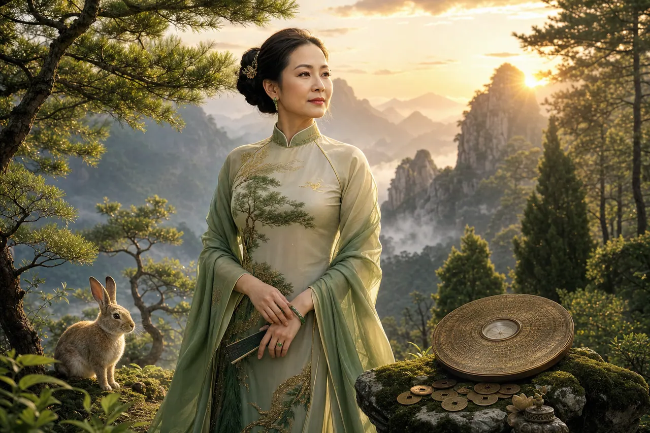 Nữ Tân Mão trong rừng tùng bách với thỏ ngọc, la bàn đồng và ánh sáng dịu