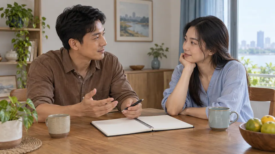 Hai người trao đổi cạnh quyển sổ mở trên bàn, phía sau là cửa sổ có cây xanh