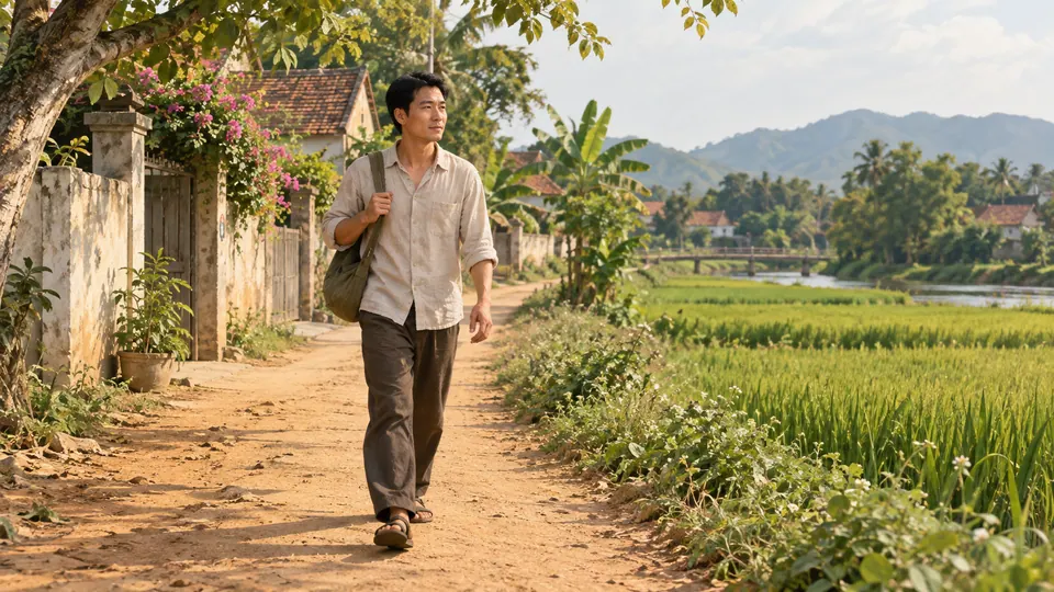 Người đàn ông đi trên đường đất cạnh hàng cây và ngôi nhà trong làng
