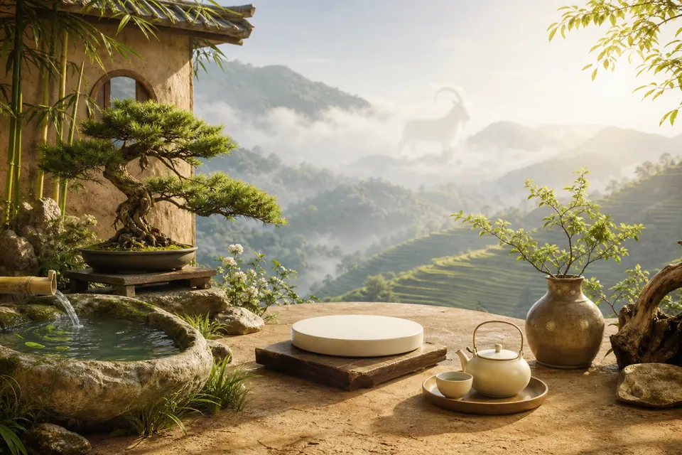 Bàn trà cạnh chậu cây, máng nước và phiến tròn trắng trên sân nhìn ra ruộng bậc thang, xa có bóng dê trong sương