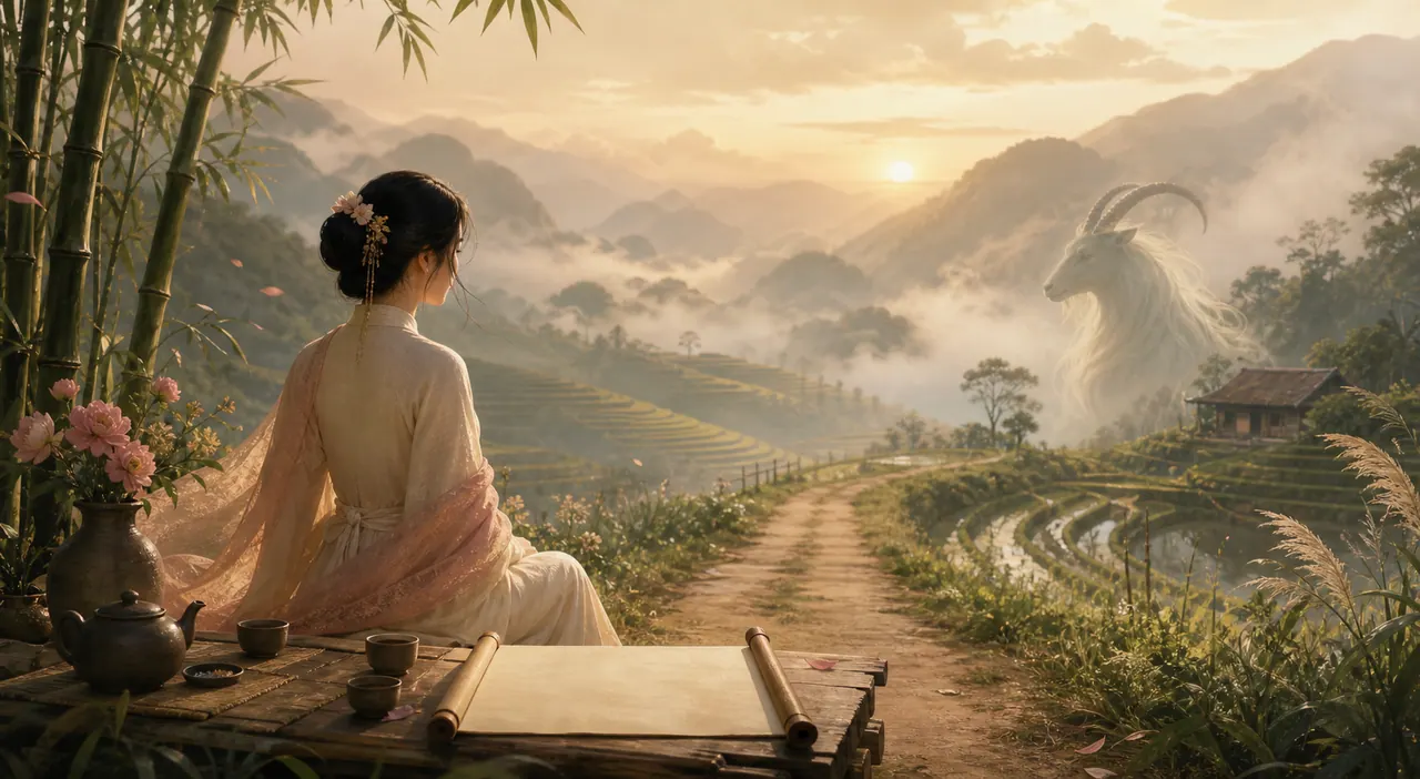 Người phụ nữ ngồi quay lưng bên bàn trà và cuộn giấy trống, trước ruộng bậc thang, đường đất và bóng dê giữa sương núi
