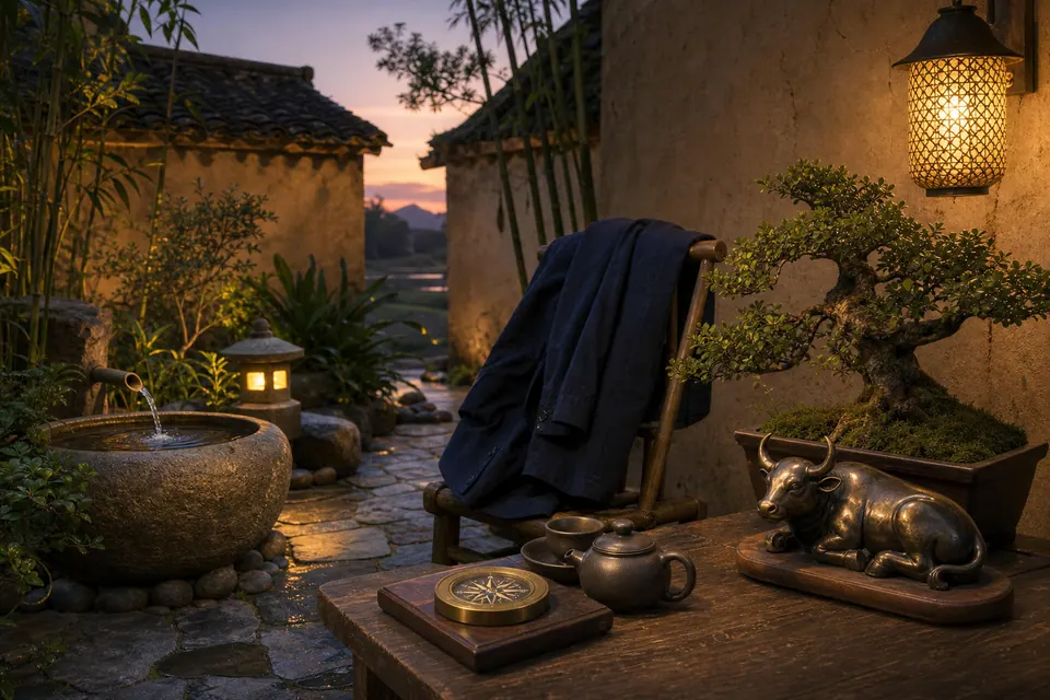 Góc vườn phong thủy Tân Sửu nam mạng lúc hoàng hôn với tường đất, nước sạch, bonsai, tượng trâu đồng, la bàn và áo indigo