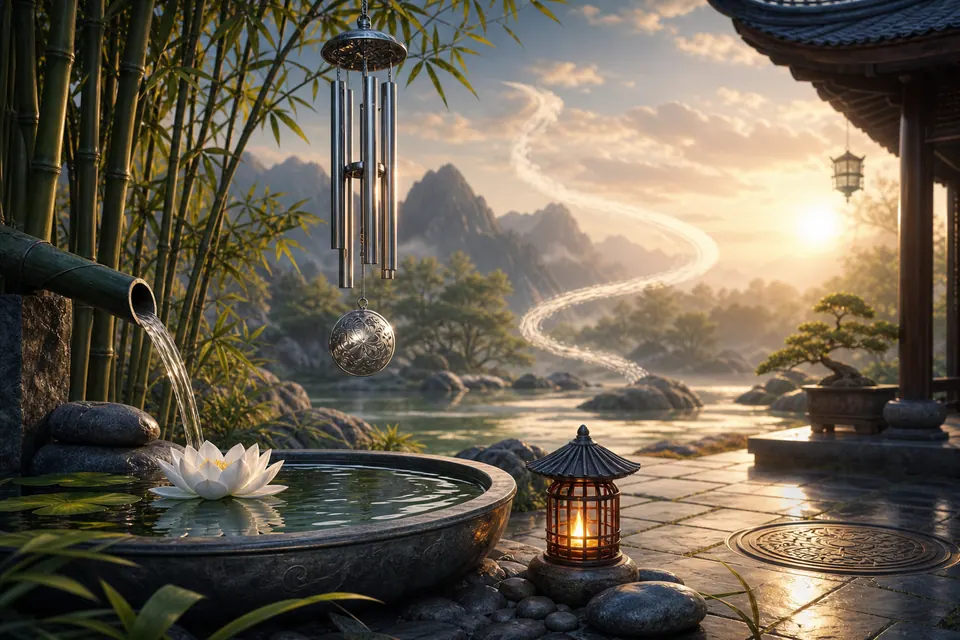 Sân phong thủy Tân Tỵ nam mạng có hồ nước tròn, chuông gió bạc, đèn lửa nhỏ, tre, sen trắng và làn sương hình rắn