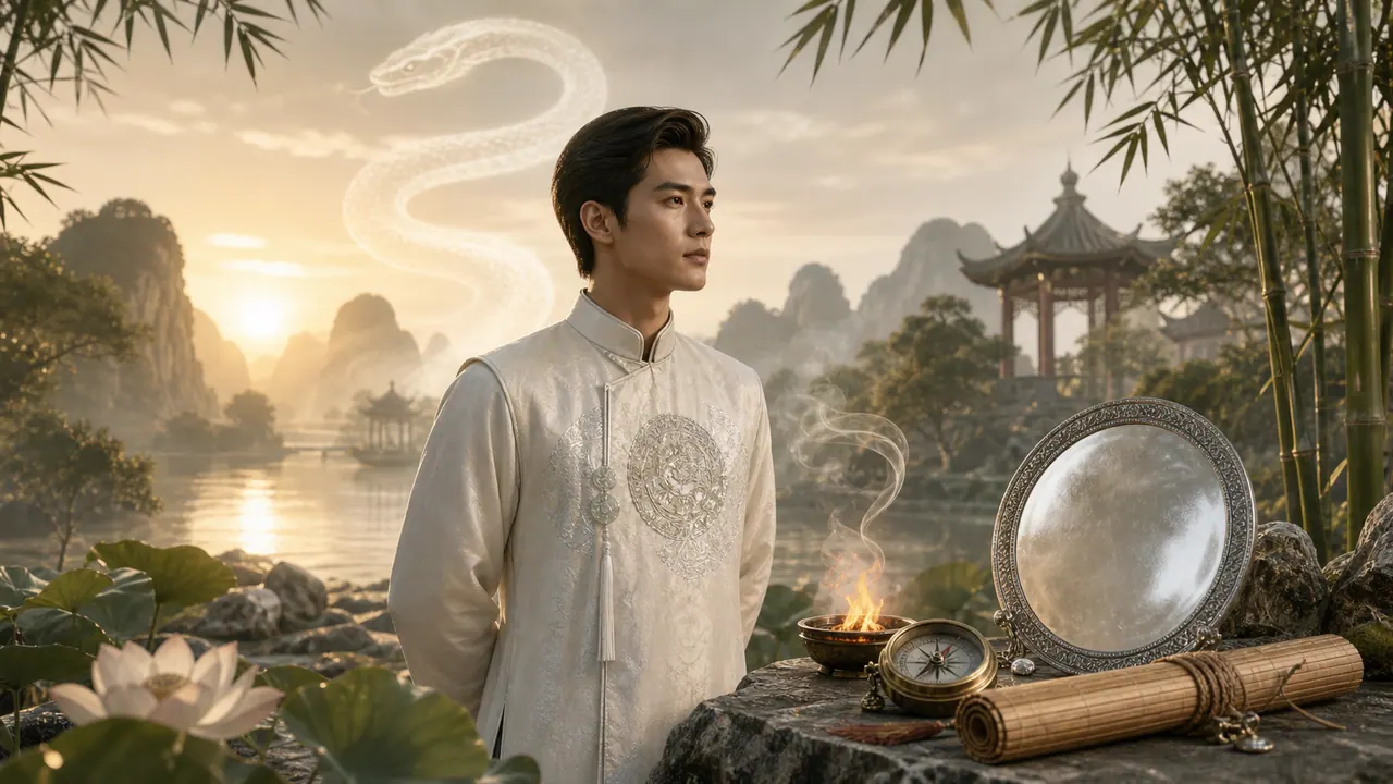 Nam Tân Tỵ đứng bên vườn sông lúc bình minh, sương hình rắn trắng, gương kim loại, la bàn và thẻ tre