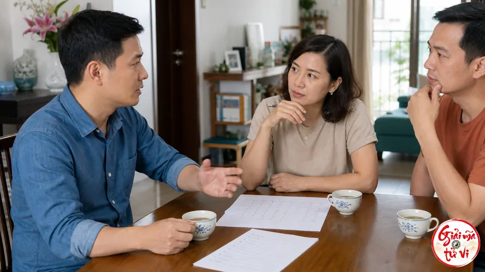 Ba anh chị em trưởng thành trao đổi bình tĩnh về lịch chăm sóc cha mẹ và phân chia trách nhiệm gia đình