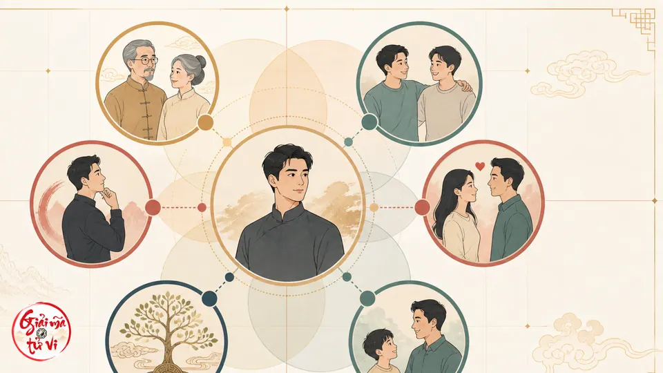 Sơ đồ một người ở trung tâm cùng sáu lớp quan hệ gia đình cần đối chiếu khi đọc lục thân trong Tử Vi